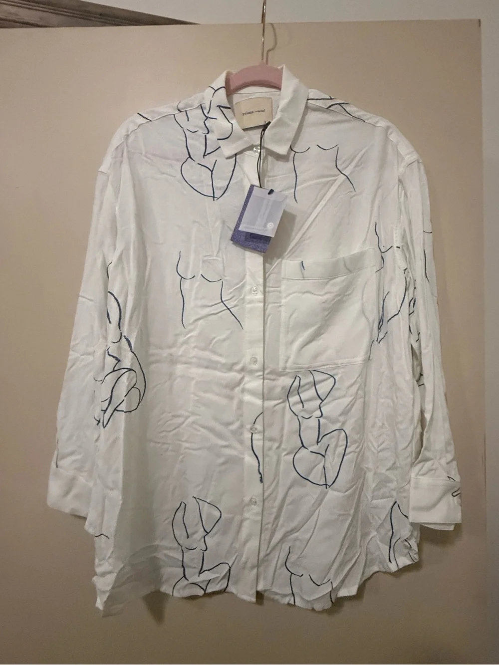 NWT PALOMA WOOL WOMENS LEANDRA BUTTON-UP BLOUSE, SIZE OS (MEDIUM), WHITE/BLUE - Picture 2 of 14